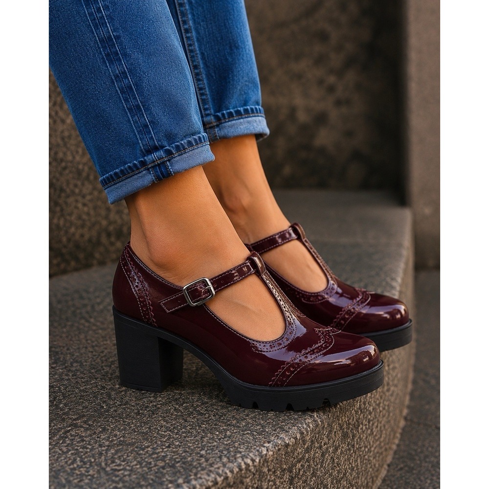 Dadawen Burgundy Patent Leather Mary Jane Chunky Platform Oxford Heel Shoe Sz 9